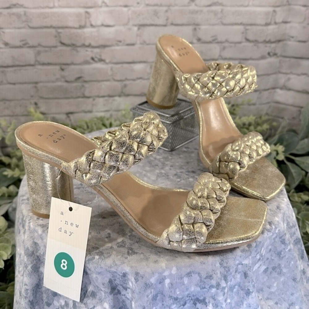 A New Day Basil Gold Braided 2-Band Square Toe Dress Heel Sandals WMS 8M✨NWT✨
